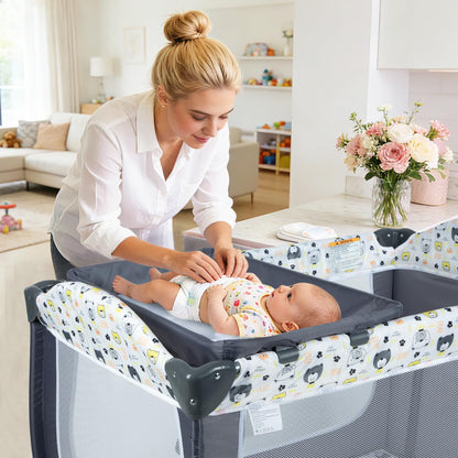4 in 1 Pack and Play,Foldable Baby Playard with Changing Table,Travel Crib for Infants & Toddlers,Portable Playpen with Breathable Mesh,Wheels & Storage Bag,Grey