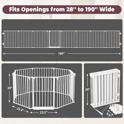 190" Extra Wide Baby Gate Playpen, Adjustable Baby Fence Play Yard, Long Dog Gates Indoor for Stair Doorway Fireplace, Large Child Gate for Toddler Kid Pet, Family Essentials Safty Gate, White