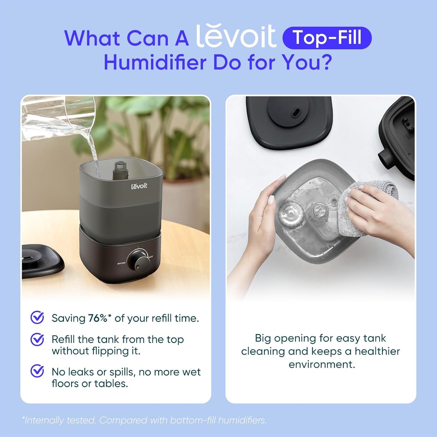 LEVOIT Dual 200S Smart Humidifiers for Bedroom, Top Fill, Customize Humidity for Home, Baby Nursery & Plants with Humidistat, Essential Oil Diffuser, Schedule, Timer, APP & Voice Control, 3L, Blue