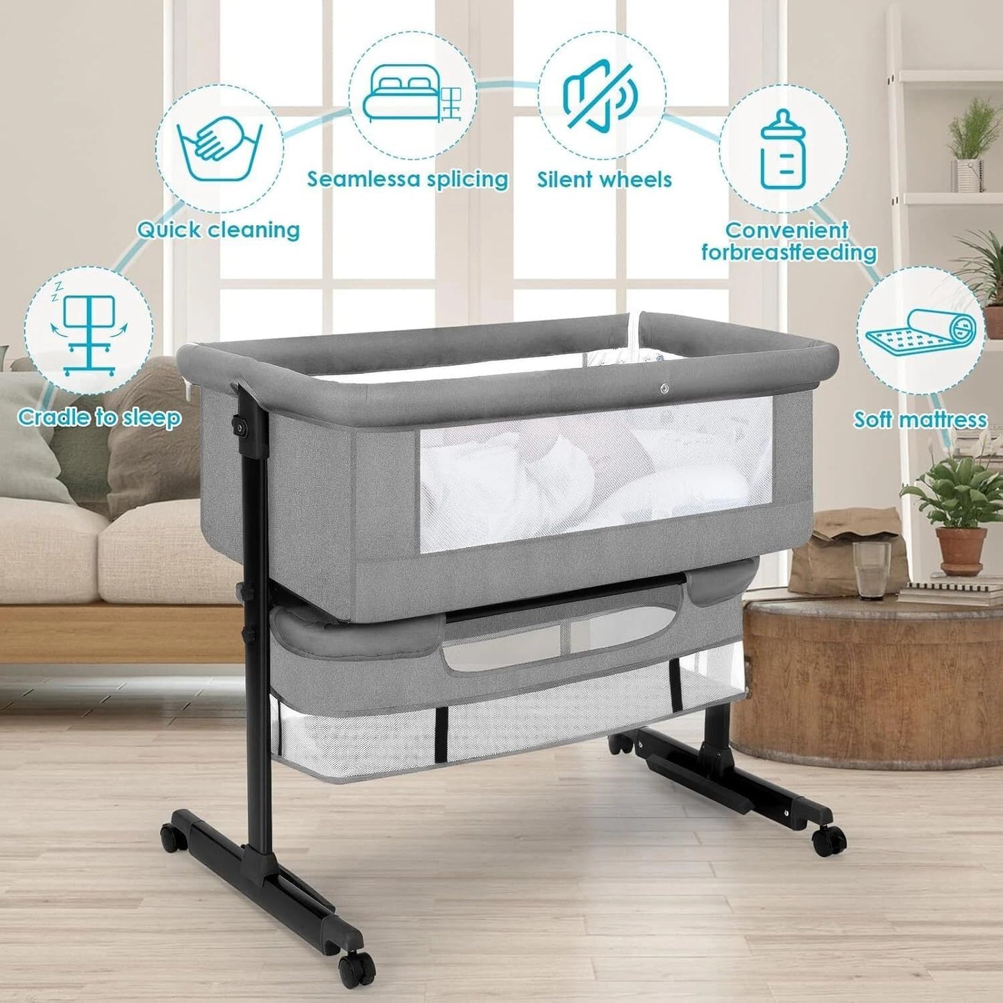 Baby Bassinets Bedside Sleeper, 3 in 1 Baby Bassinet, Adjustable Easy Folding Portable Bed, with Mosquito Nets, Large Storage Bag, Comfortable Mattresses, for Infant/Baby/Newborn (Gray)