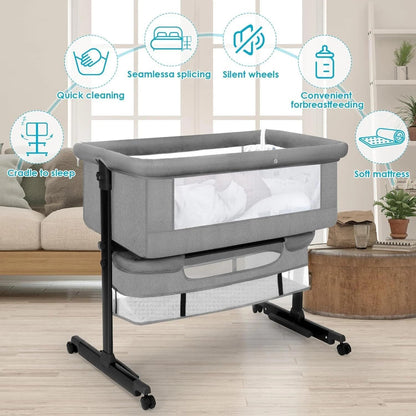 Baby Bassinets Bedside Sleeper, 3 in 1 Baby Bassinet, Adjustable Easy Folding Portable Bed, with Mosquito Nets, Large Storage Bag, Comfortable Mattresses, for Infant/Baby/Newborn (Gray)