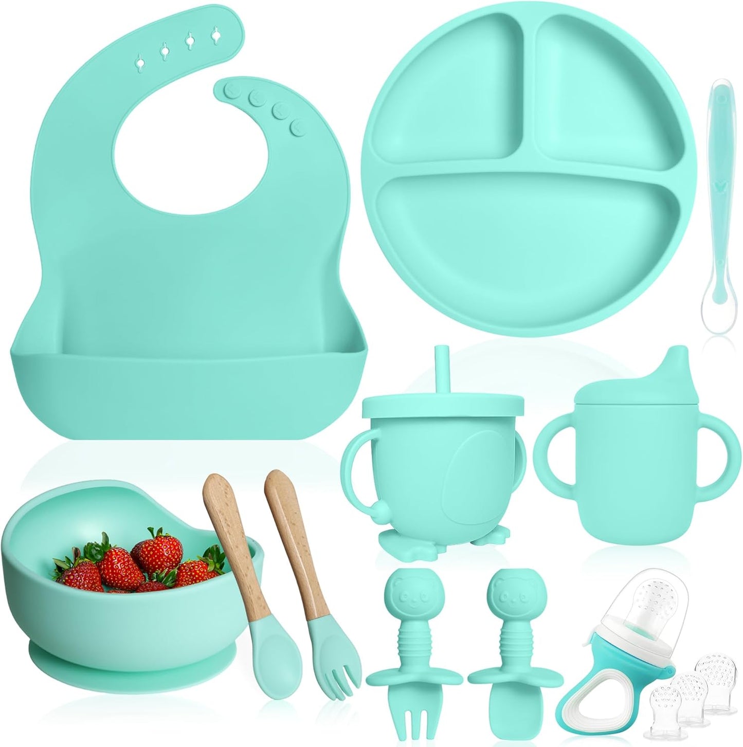 Bluet B- Silicone Baby Feeding Set with Pacifier - Baby Led Weaning Supplies - Baby Spoons, Suction Bowl - Plate - Baby Utensils Set - Silicone Feeding Set for Baby First Foods - 11pcs - Purple