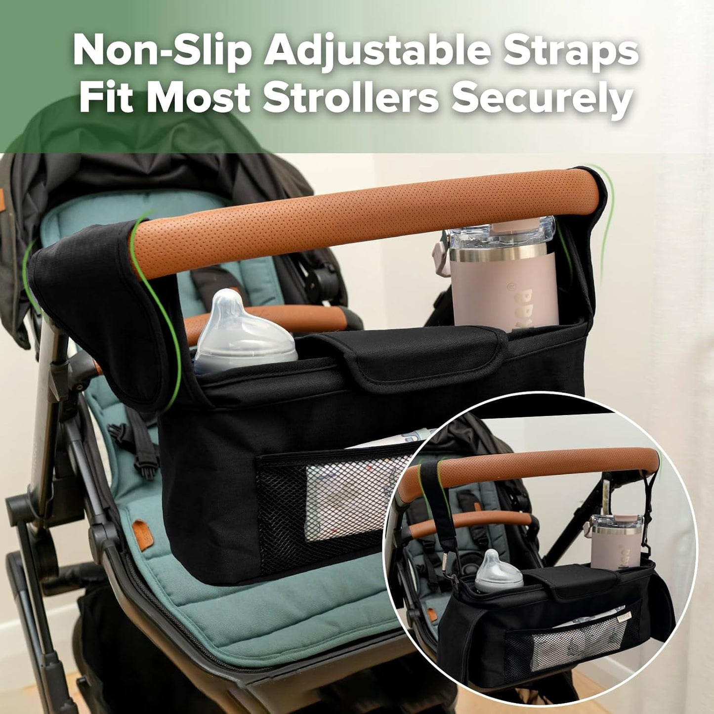 haakaa Universal Stroller Organizer - Black, Single Cup Holder, Stroller Caddy Accessories with Shoulder Strap & Extra Non-Slip Stroller Hook, Fits Most Strollers