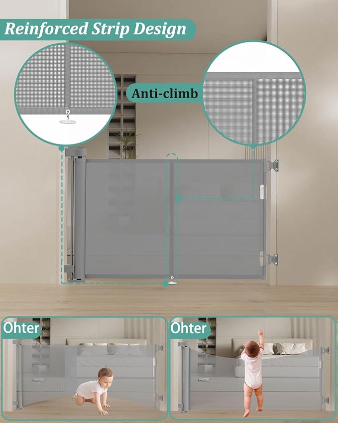Miumoon 59 inch Retractable Baby Gates 34 inch Tall, Retractable Gate with Reinforced Strip Design to Prevent Crawling Through, 5 FT Retractable Dog Gate for Stairs, Doorways, Hallways, Indoor/Outdoor