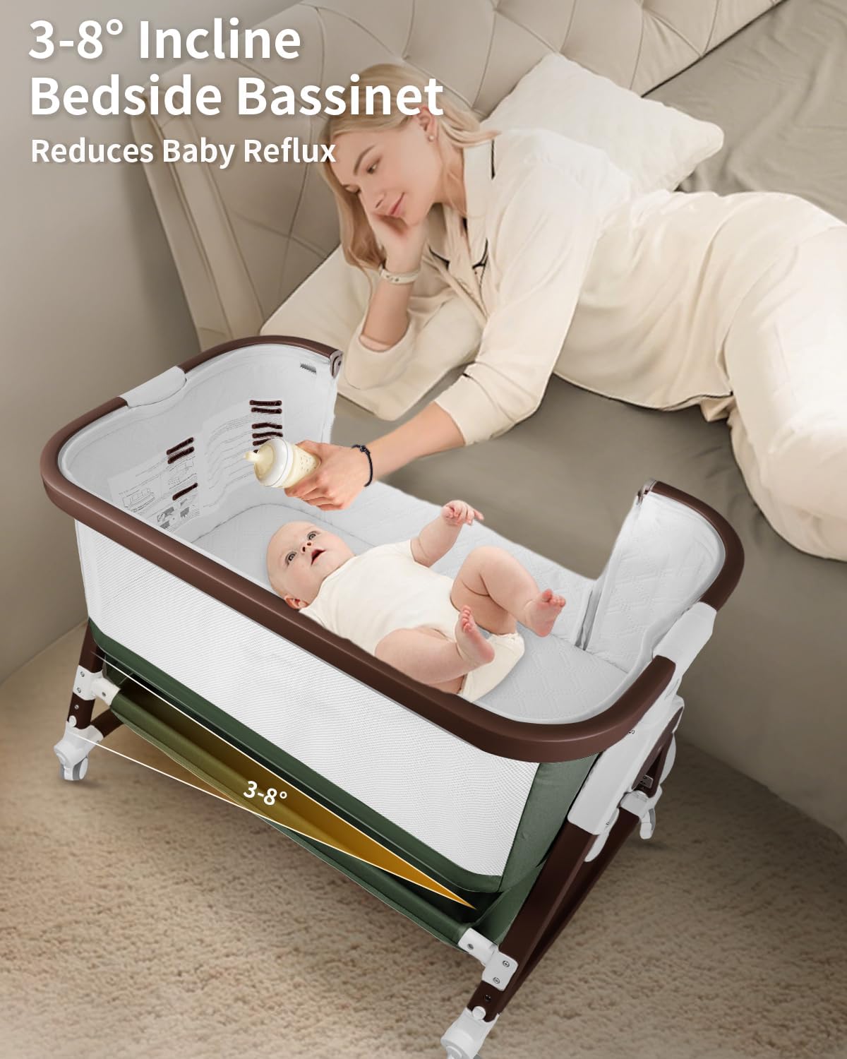 suihuooo 4 in 1 Baby Bassinet, Bassinets Bedside Sleeper with Wheels and Storage Basket, Adjustable 7 Heights Bedside Sleeper with Mosquito Net, Breathable Mesh Rocking Bassinet for Baby