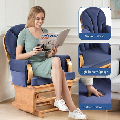 Glider Rocking Chair with Ottoman Set, Solid Wood Nursery Glider Rocker with Padded Cushion, High Back Upholstered Swivel Glider for Living Room, Nursing, Reading, 280LBS Weight Capacity,Oak+Khaki