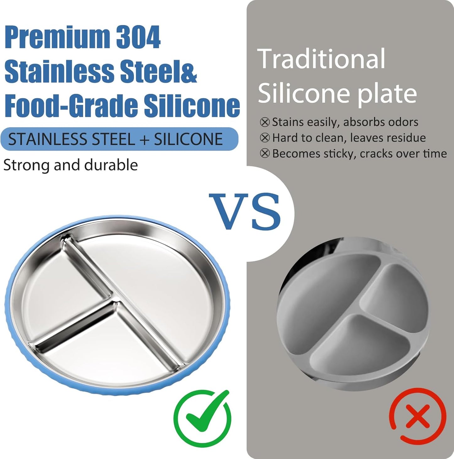 MISSLILI Stainless Steel Baby Plate and Bowls with Suction, Divided Kids Baby Plate and Toddler Bowl with Removable Silicone Suction, Non-Slip Baby Feeding Set Dishwasher Safe，4 Packs