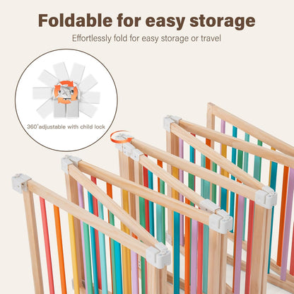 Foldable Wooden Playpen-51x51x25in-Large Baby Gate Playpen with Child-Proof Lock-Easy Assembly, Portable Design for Babies & Toddlers- Shape& Size Adjustable Baby Fence Play Area (Wood, 6 Panel)