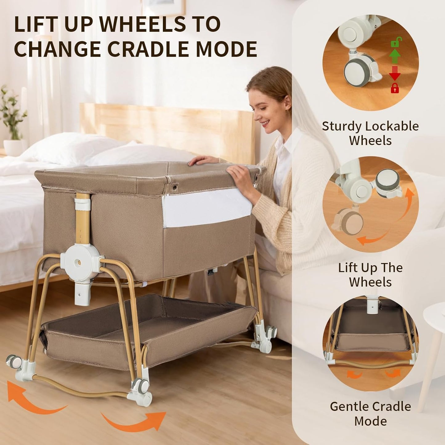 suihuooo 4-in-1 Baby Bassinet, Portable Bassinet Bedside Sleeper with Wheels and Storage Basket, 7 Height Adjustable Breathable Mesh Rocking Bassinet with Mosquito Net for Newborn-White