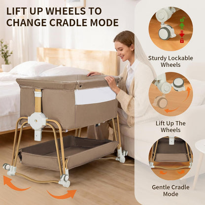 suihuooo 4-in-1 Baby Bassinet, Portable Bassinet Bedside Sleeper with Wheels and Storage Basket, 7 Height Adjustable Breathable Mesh Rocking Bassinet with Mosquito Net for Newborn-White