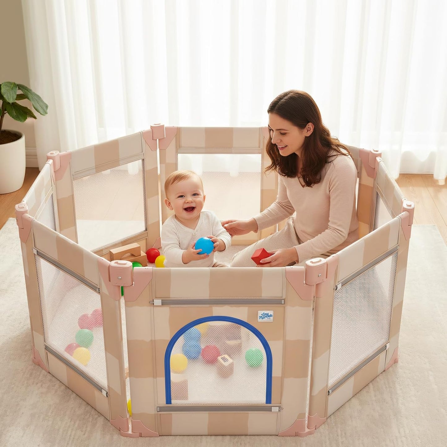 Baby Playpen for Babies and Toddlers, Upgraded 50x50 Inch Foldable No Assembly Required Play Yard with Breathable Mesh, Safe Playard with Gate, Indoor & Outdoor Infants Play Pen (1pc-Sand Checks)