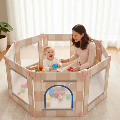 Baby Playpen for Babies and Toddlers, Upgraded 50x50 Inch Foldable No Assembly Required Play Yard with Breathable Mesh, Safe Playard with Gate, Indoor & Outdoor Infants Play Pen (1pc-Sand Checks)