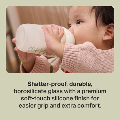 Tommee Tippee Silicone Coated Glass Baby Bottles for Feeding, 9 0z, Anti-Colic, 0+ Months, Slow Flow Breast-Like Nipple, Shatter-Proof Glass, BPA Free, Pack of 2