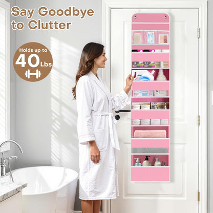 SpaceWhisper Over the Door Organizer, 4 Large Pocket Hanging Storage Organizer with 40lb Capacity, Space Saving for Nursery, Bathroom, Bedroom, Closet - Baby Essentials & Toiletry Organizer (Pink)
