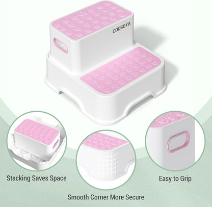 COOSEYA 2 Step Stools for Kids,Toddler Step Stool for Bathroom Sink,No-Slip Double up Stepping for Toddlers Bathroom, Multifunctional Toilet Potty Stool for Kids,Toilet Potty Training(2 Packs)