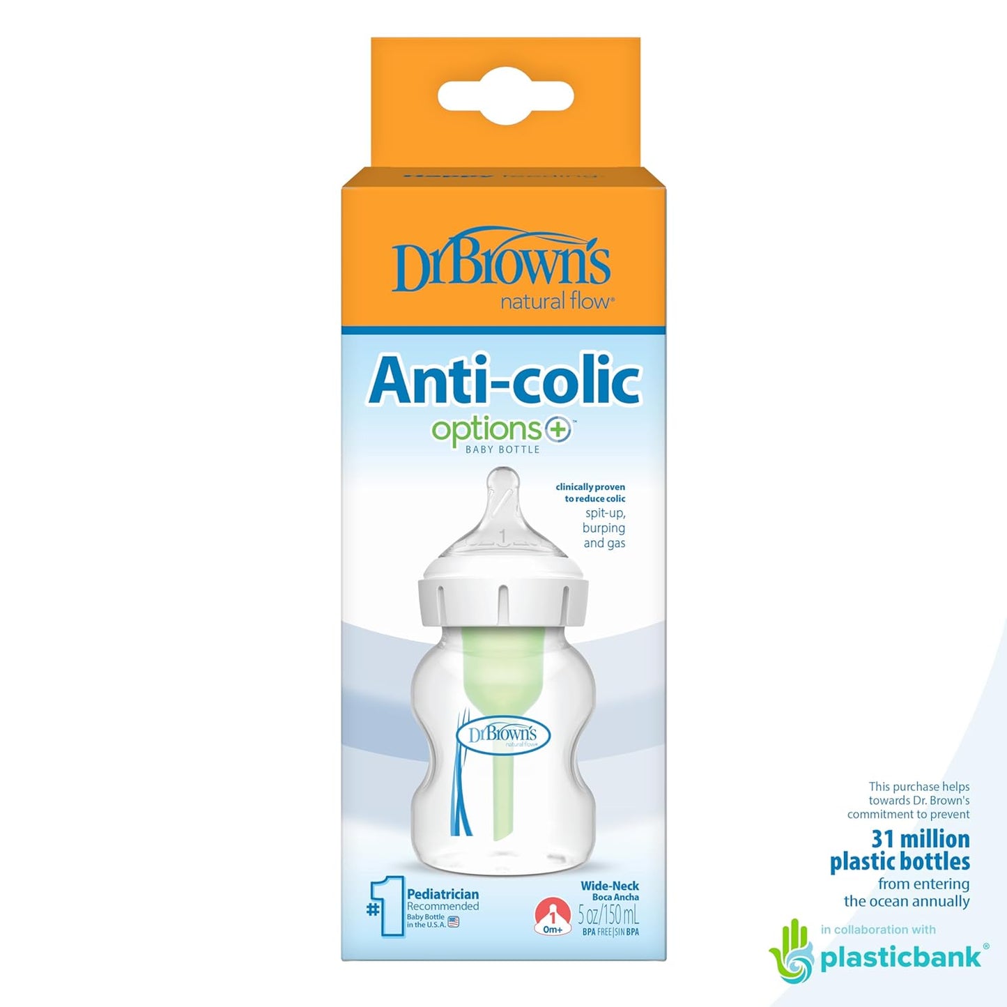 Dr. Brown’s Natural Flow® Anti-Colic Options+™ Wide-Neck Baby Bottles 5 oz/150 mL, with Level 1 Slow Flow Nipple, 4 Pack, 0m+