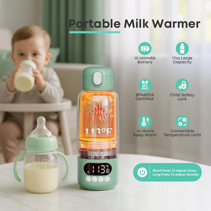 Portable Bottle Warmer for Travel, Fast Heating in 2 Mins, Dual Heating for Breastmilk & Water, Long Battery Life, 6 Temp Settings with Keep Warm, Built-in Sterilizer, 17oz (Green)