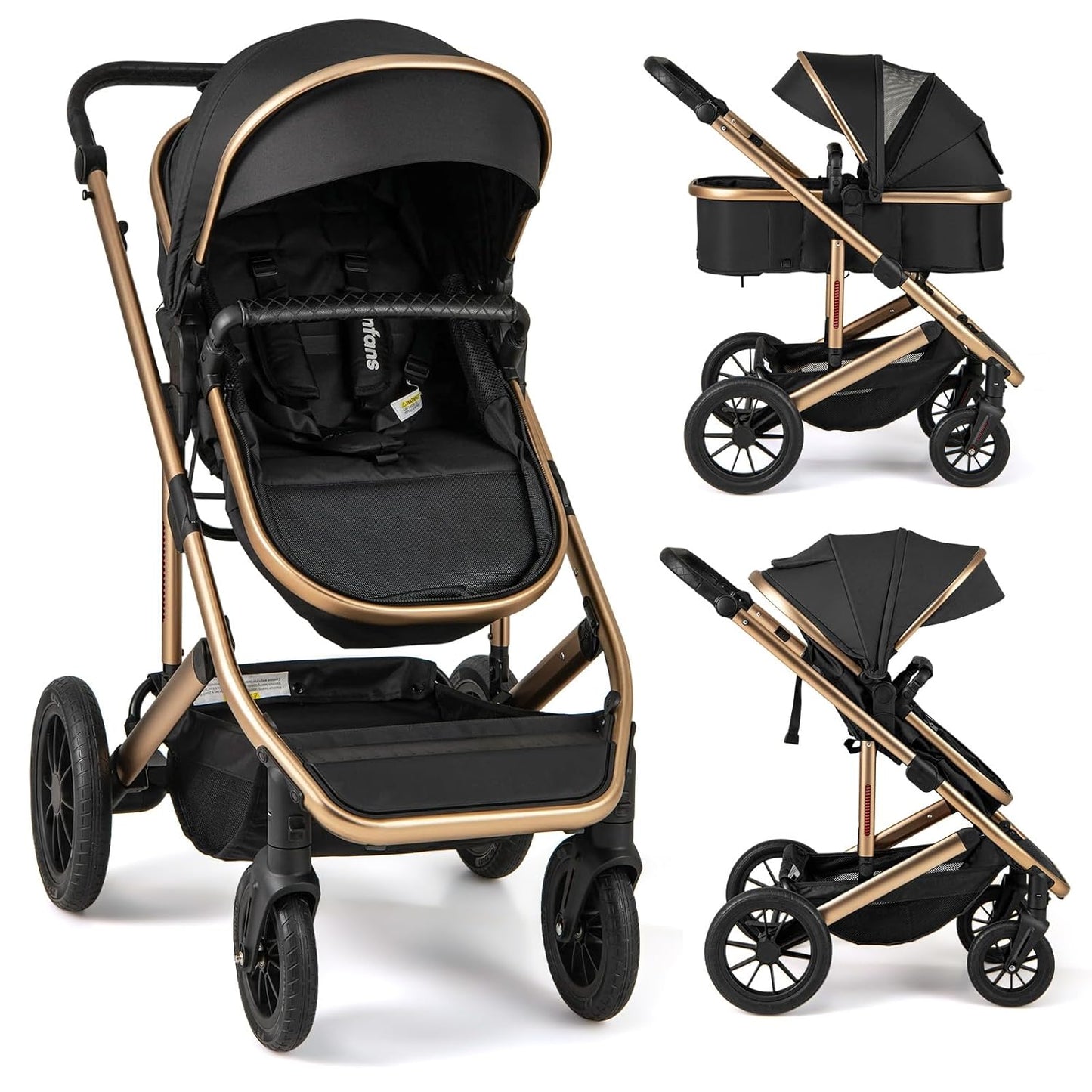 INFANS 2 in 1 Baby Stroller, Folding Newborn Pram Convertible Stroller Bassinet for Infant Foldable High Landscape Shock Absorption with Reversible Seat Aluminum Structure for Pushchair