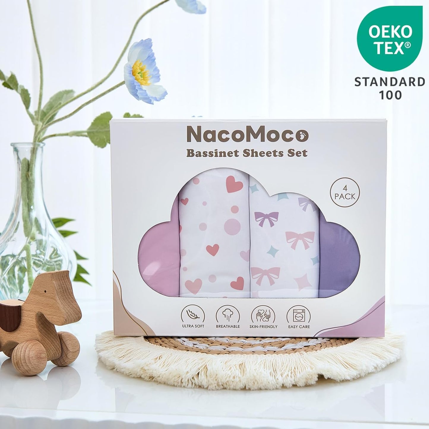 4 Pack Bedside Bassinet Sheets - 33"x20" Bassinet Sheets for Baby Delight, Angelbliss, Maxi-COSI & Most Regular Size Bedside Sleeper | Ultra Soft & Skin Friendly Bassinet Fitted Sheet for Girls