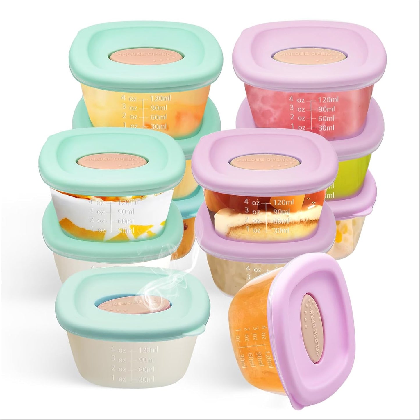 4 Pack Baby Food Storage Containers 4 oz, Baby Silicone Food Jars with Ventilation Valve, Snack Containers with Leak Proof Sealing Lid Microwave Safe, Suitablefor Nurseries, Schools and Travel