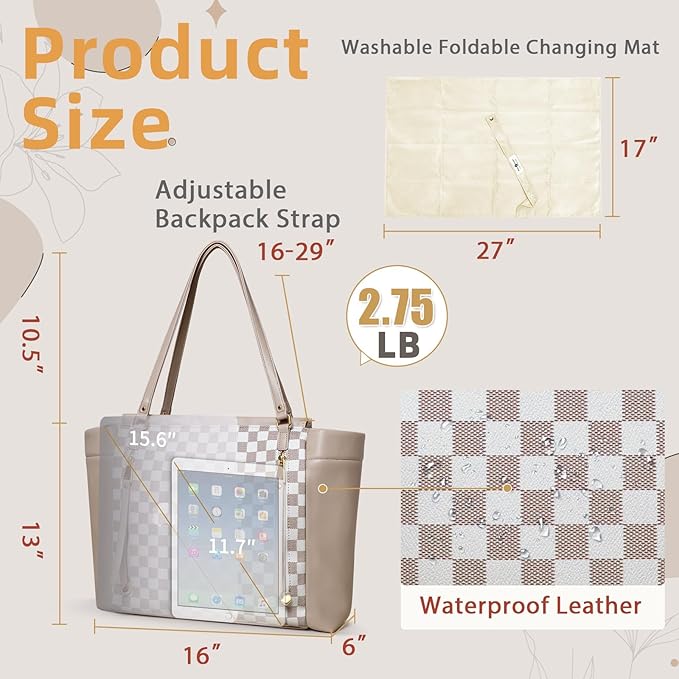 miss fong Checkered Diaper Bag Tote Leather Diaper Bag Backpack, Large Capacity Mommy Bag Hospital Bag, 12 Pockets Travel Diaper Tote with Changing Pad for Mom Plaid Tote Bag for Women-Beige&Honey