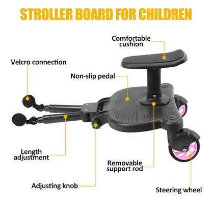 2026 New-Universal Stroller Board with Detachable Seat, 2in1 Sit and Stand Stroller Connectors for Most Strollers, Holds Children Up to 55 LBs Stroller Standing Board(Black)
