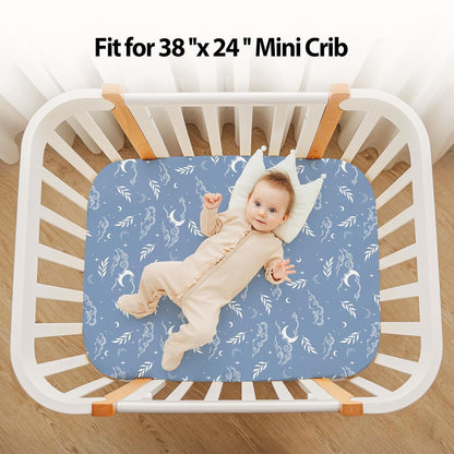 Baby Mini Crib Sheets Girl, Portable 38”x26” Pack and Play Sheets Fitted for Playard and Pack N Play Mattress, 3-Pack Soft Microfiber Pink Rainbow