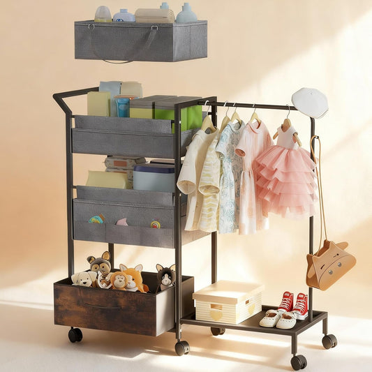 Baby Diaper Caddy Organizer - 3 Tier Rolling Cart with Kids Clothing Rack, Mobile Utility Cart with Dividers and Drawers, Large Capacity Storage Cart for Bedroom, Bathroom, Carts with Wheels