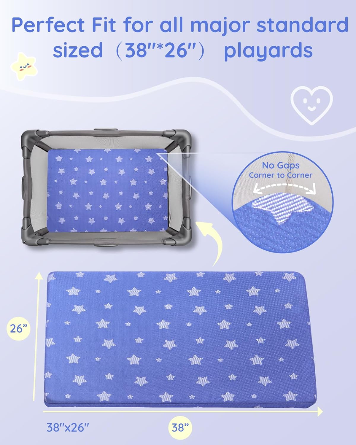 Lilian&Gema Pack and Play Mattress 38"x26"x1.5", Portable Mattress for Playpen, Pack N Play Mattress Topper, Soft Breathable and Waterproof Washable Cover for Baby Toddler