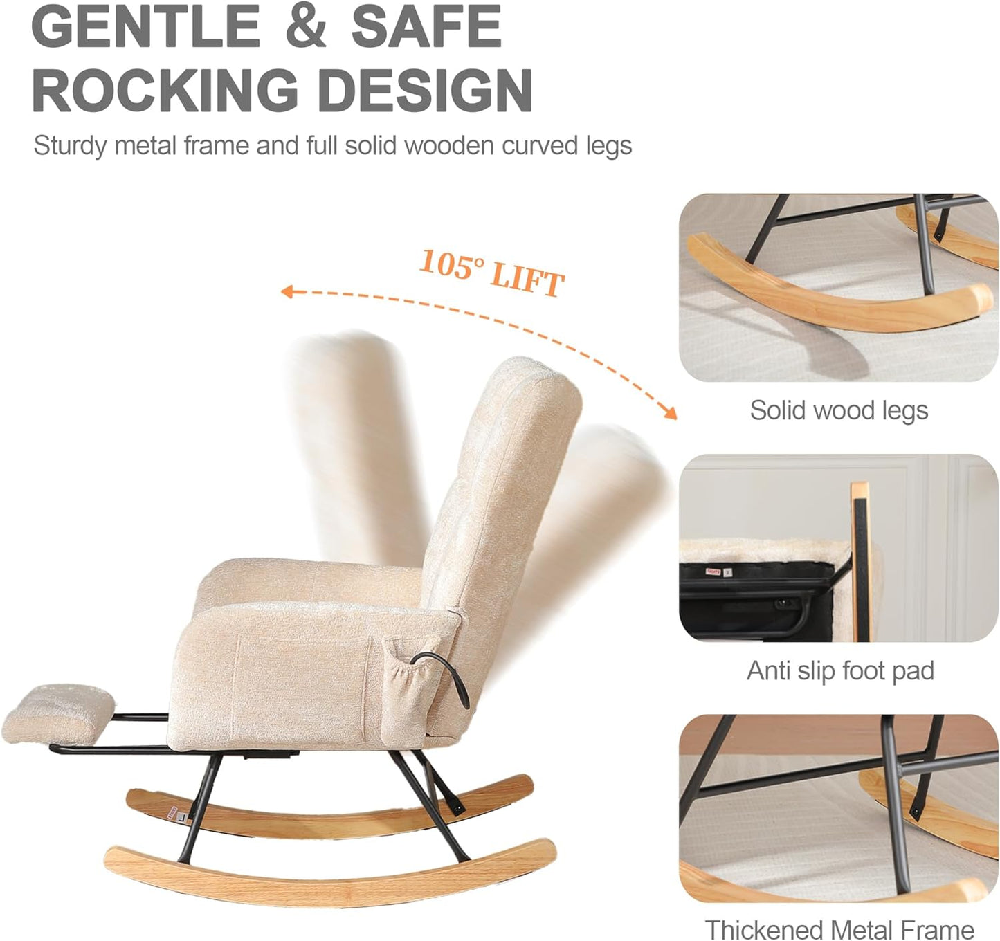 Rocking Chair Nursery with Airbag, Comfy Modern Nursery Rocking Reading Chair indoor with Footrest, Cozy Upholstered Glider Rocker Chairs for Living Room Bedroom Offices(Chenille, Dark Grey)