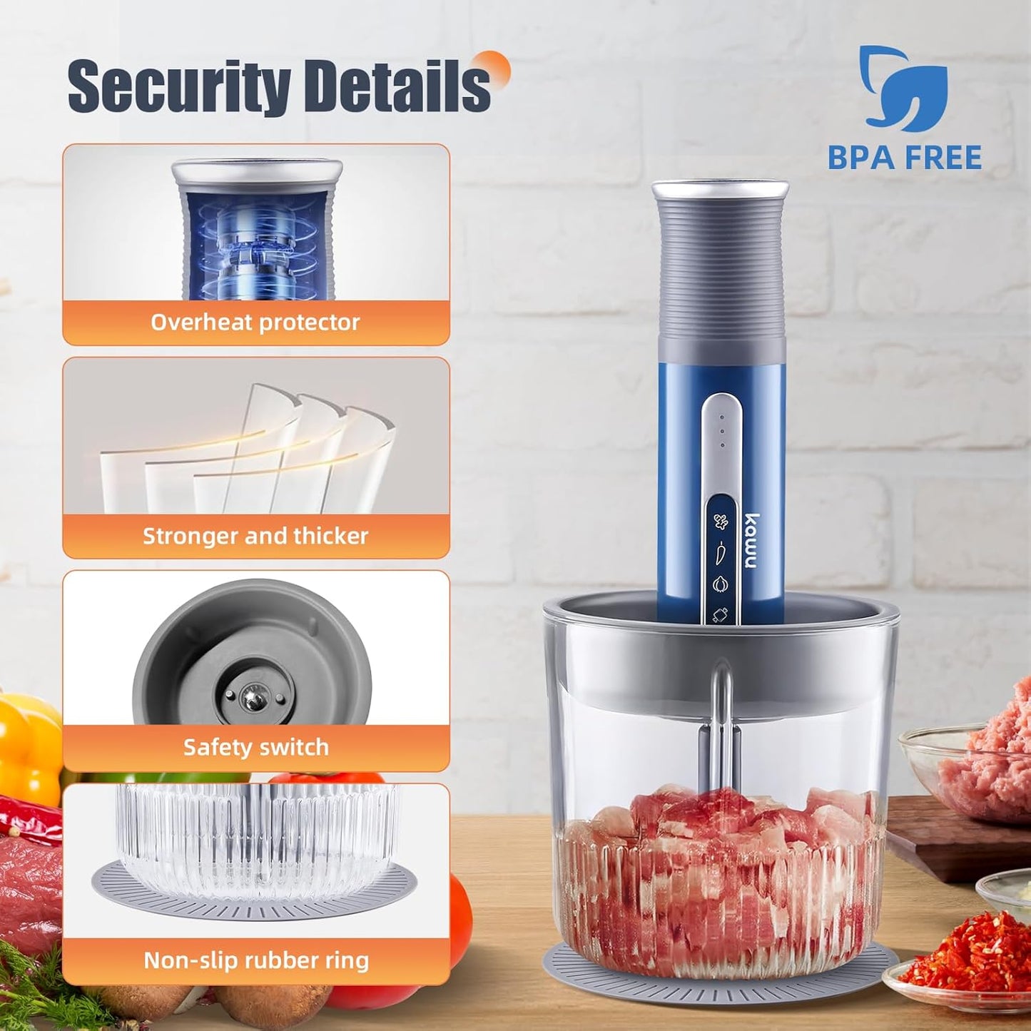 Kawu Electric Food Processor, Cordless Small Meat Grinder for Kitchen, Portable Vegetable Chopper with Glass Bowl, USB Rechargeable Meat Shredder, Mini Onion Chopper & Food Chopper Vegetable Cutter