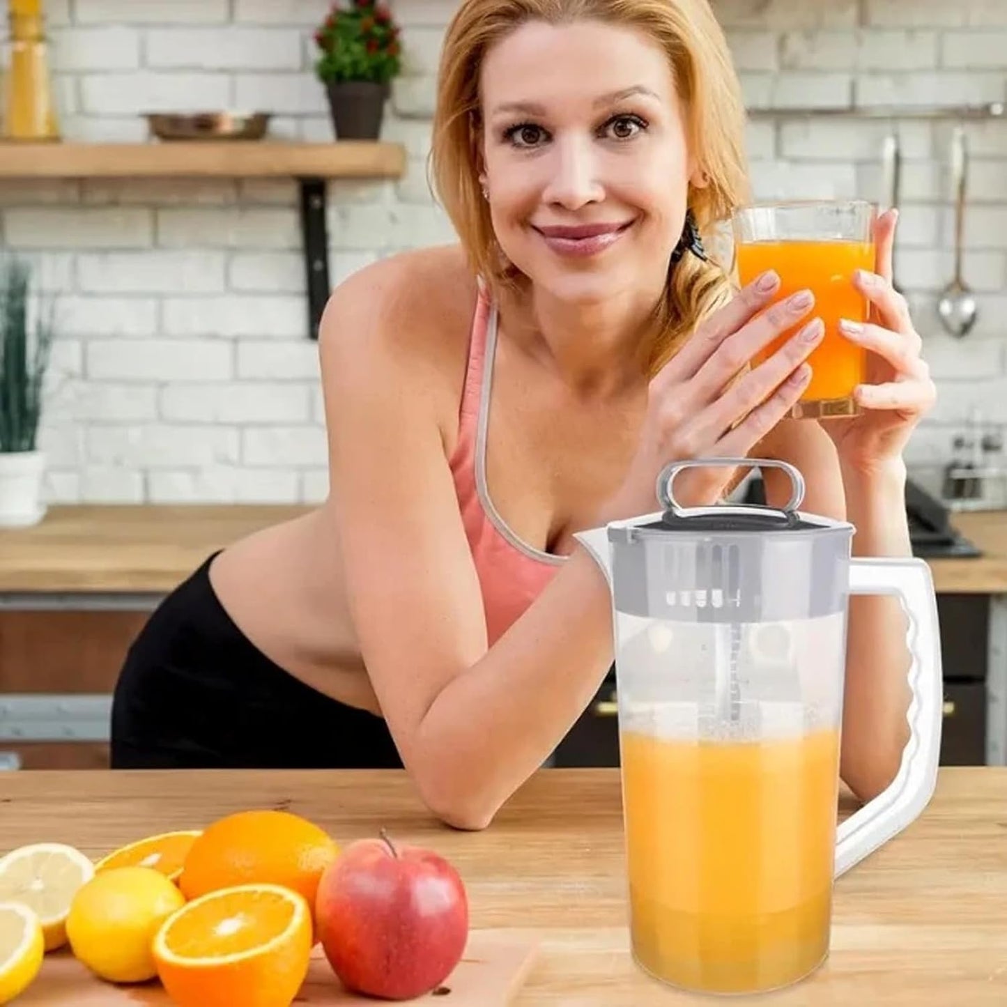 Mixing Pitcher for Drink, Drink Pitcher with Lid and Clean Sponge Brush, Wide Mouth Juice Pitcher with Plastic Blades and Adjustable Mixer Plunger, for Juice Tea Milk Lemonade(2.1qt/67.6oz)