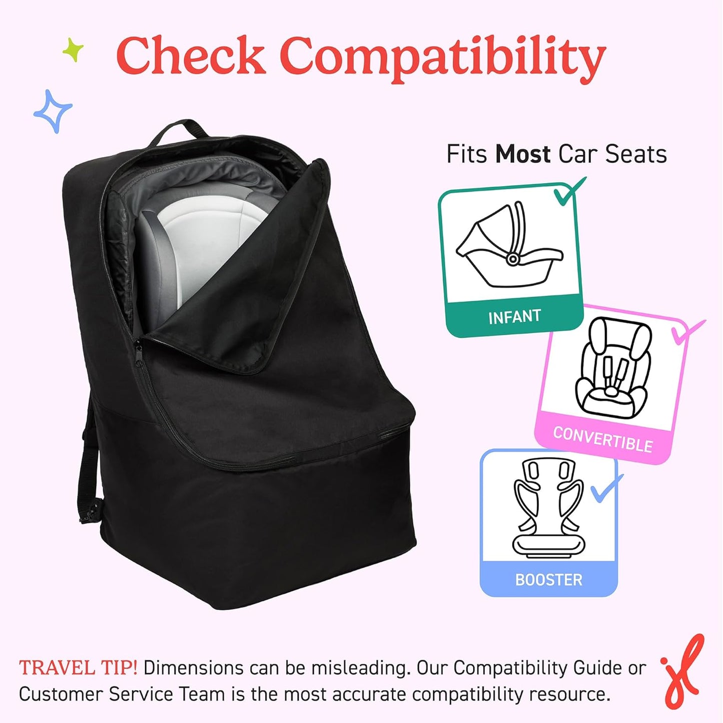 J.L. Childress Padded Backpack Car Seat Bag - Car Seat Travel Bag for Airplane, Cover Fits Most Baby & Infant Carriers & Boosters, Airport Accessories for Gate Check or Baggage Check - Ultimate, Black