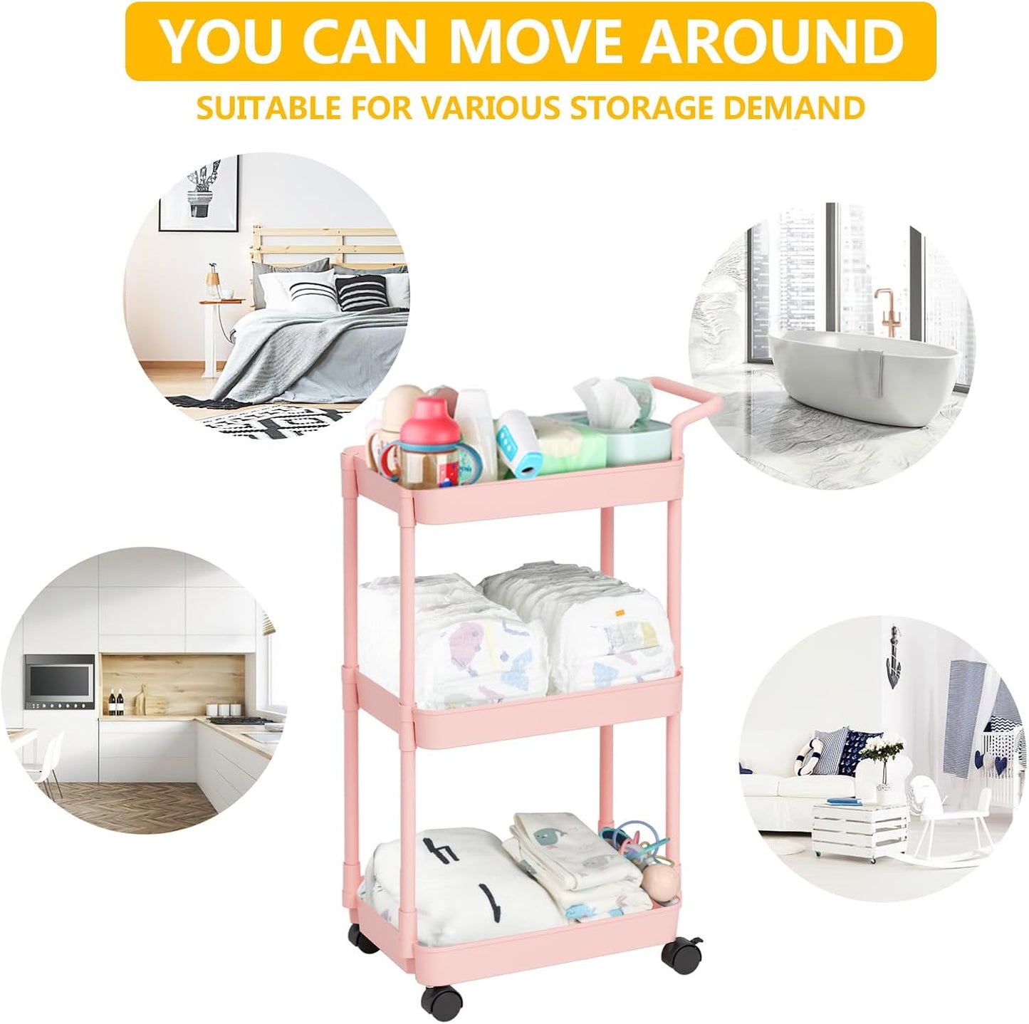 Volnamal Baby Diaper Caddy, Plastic Movable Cart for Newborn Nursery Essentials Diaper Storage Caddy Organizer for Changing Table & Crib, Easy to Assemble, Beige