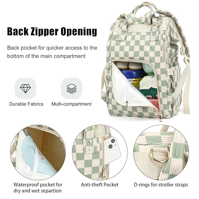 Baby Diaper Bag Backpack for Mom, Large Capacity Travel Nappy Bag for Boys & Girls with Stroller Straps (Corduroy Checkered Green)