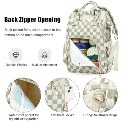 Baby Diaper Bag Backpack for Mom, Large Capacity Travel Nappy Bag for Boys & Girls with Stroller Straps (Corduroy Checkered Green)