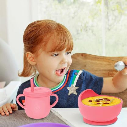 100% Silicone Baby Feeding Set, BPA Free Baby Dishes with Suction Bowl, Divided Plate, Toddler Self Feeding Dish Set with Spoons, Forks, Sippy Cup and Bib, Baby Eating Utensils (Navy Blue)