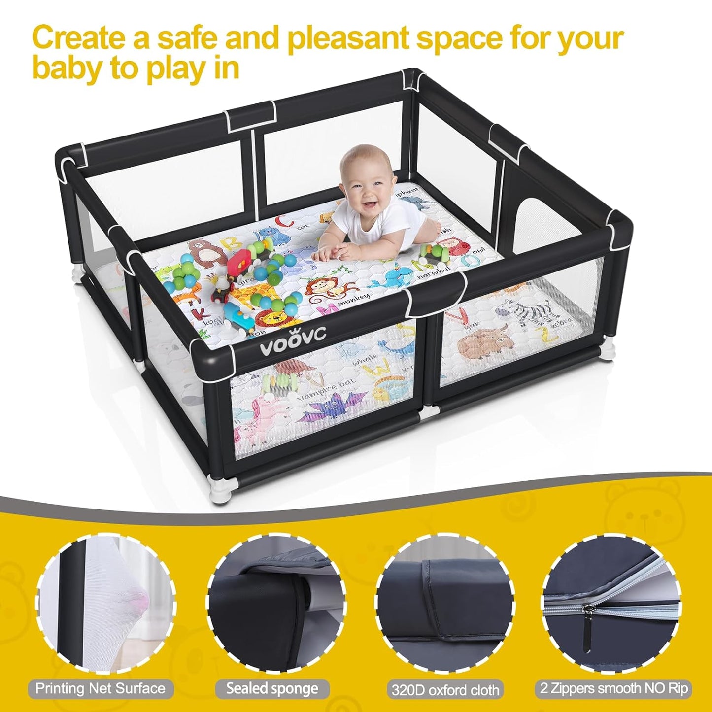 Premium Baby Playpen with Mat, 71x60 Inches Extra Large Playpen for Babies and Toddlers, Indoor & Outdoor Activity Center, Safety Baby Play Pen with Gate Prints