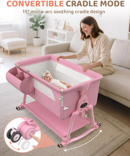 BIERUM Baby Bassinet Bedside Crib - 4 in 1 Bassinet Bedside Sleeper with Wheels, Mattress and Breathable Sides, 7 Height Adjustable, Stable and Secure Crib for Newborns