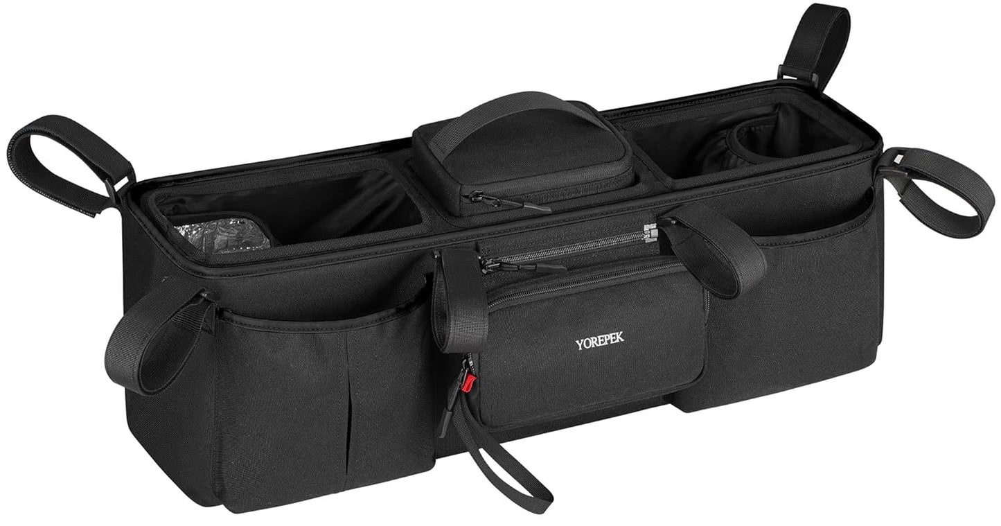 YOREPEK Heavy Duty Double Stroller Organizer for Bob Duallie, Baby Jogger City Mini GT2 and Jeep,Stroller Caddy with Detachable Cooler Bag and Handbag,Stroller Storage Attachment for Baby Accessories