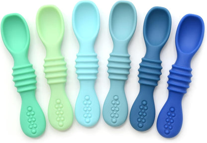 PrimaStella Silicone Chew Spoon Set for Babies and Toddlers | Safety Tested | BPA Free | Baby Spoon 6 Pack (Blue/Green)