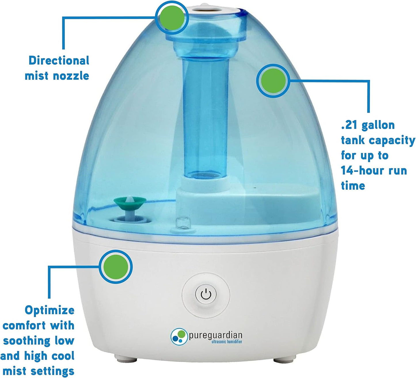 Pure Guardian H910BL Ultrasonic Cool Mist Humidifier, 14 Hrs. Run Time, 210 Sq. Ft. Coverage, Small Rooms, Quiet, Filter Free