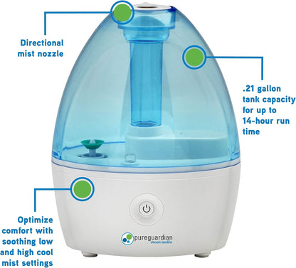Pure Guardian H910BL Ultrasonic Cool Mist Humidifier, 14 Hrs. Run Time, 210 Sq. Ft. Coverage, Small Rooms, Quiet, Filter Free
