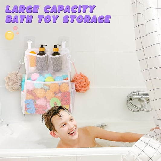 Goowin Bath Toy Storage Holder, Large Openings Bath Toy Organizer, Large Capacity Mesh Bathtub Toy Storage, Multi Use Bath Tub Toy Holder for Bathroom (White)