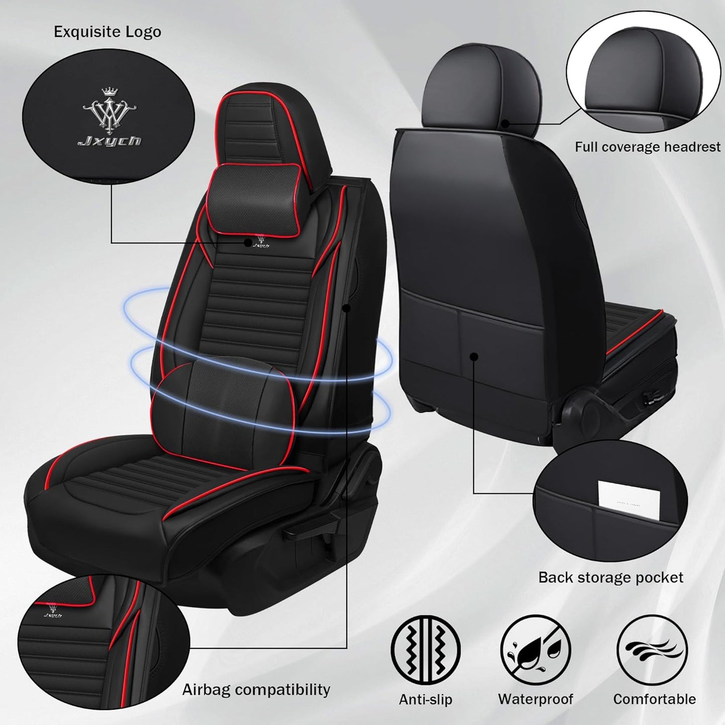 Seat Covers Fit for Mini Convertible 2009-2025 Premium Leather Car Seat Covers, Waterproof Non-Slip and Airbag Compatible, Fashion Car Seat Protector (Black Red,Front Set with Pillow)