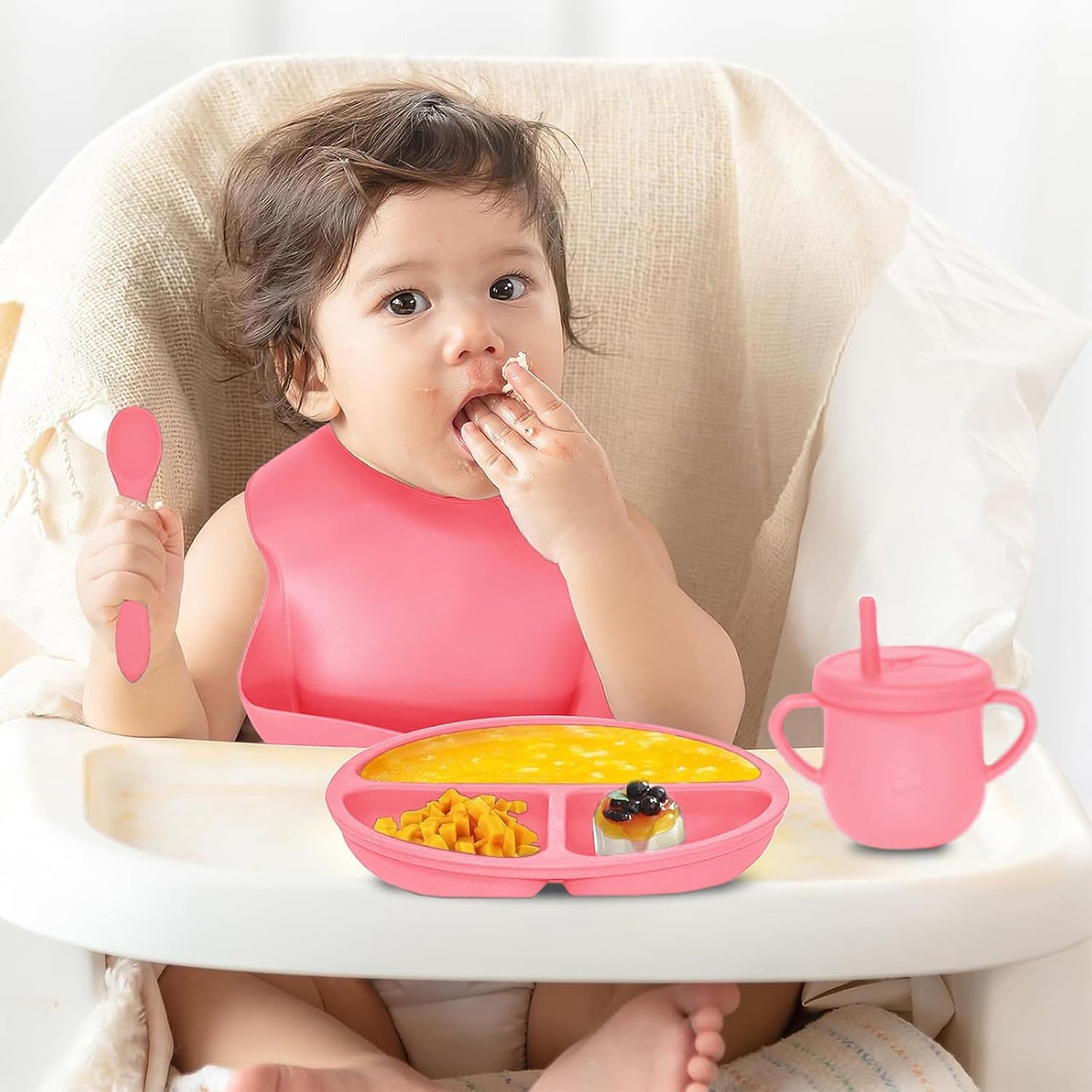 100% Silicone Baby Feeding Set, BPA Free Baby Dishes with Suction Bowl, Divided Plate, Toddler Self Feeding Dish Set with Spoons, Forks, Sippy Cup and Bib, Baby Eating Utensils (Navy Blue)