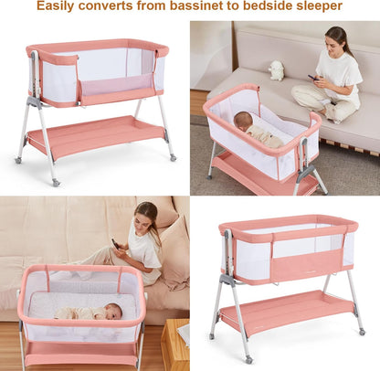 ANGELBLISS Baby Bassinet Bedside Crib with Storage Basket and Wheels, Easy Folding Bed Side Sleeper Adjustable Height Portable Crib for Newborn (Pink)