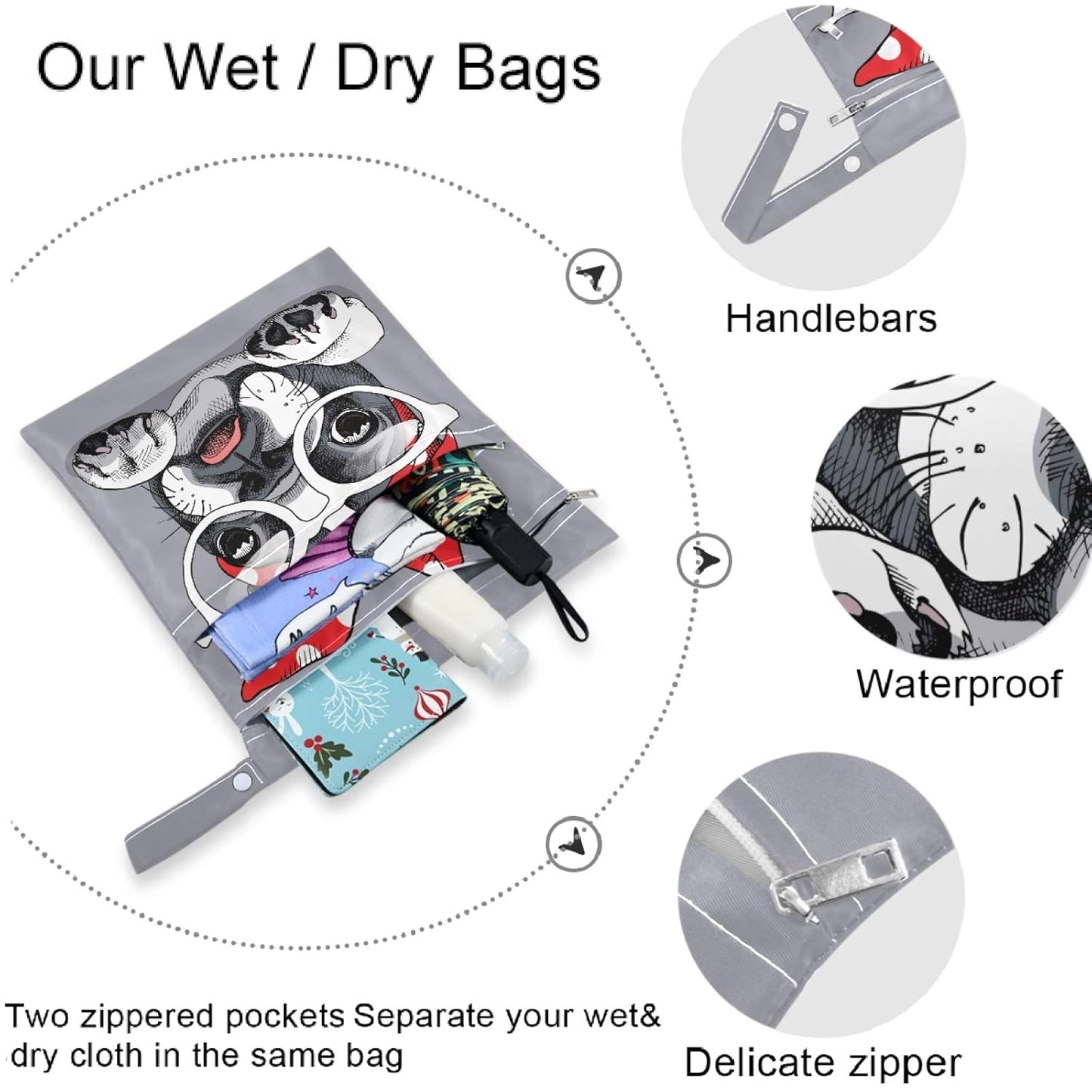 visesunny Leopard Grain 2Pcs Wet Bag with 2 Zippered Pockets Snap Handle Washable Reusable Roomy for Travel,Beach,Pool,Daycare,Stroller,Diapers,Dirty Gym Clothes, Wet Swimsuits, Toiletries