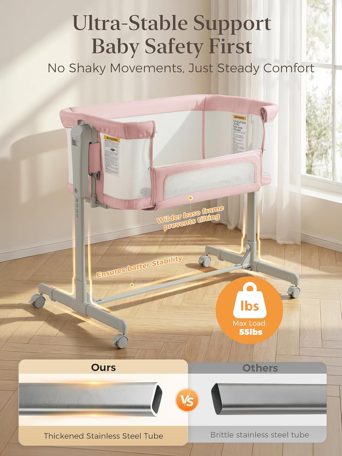 ONTHEWEI Baby Bassinet Bedside Sleeper 3-in-1, Easy Night Feeding with One-Side Fold & Rolling Wheels, Breathable Mesh, 6-Height Adjustable, Soft Mattress for Newborns