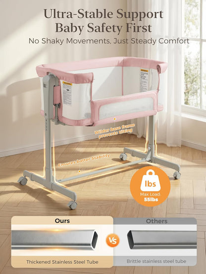 ONTHEWEI Baby Bassinet Bedside Sleeper 3-in-1, Easy Night Feeding with One-Side Fold & Rolling Wheels, Breathable Mesh, 6-Height Adjustable, Soft Mattress for Newborns